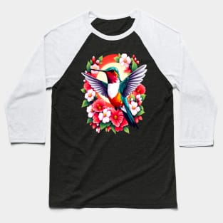 Cute Ruby Throated Hummingbird Surrounded by Spring Flowers Baseball T-Shirt